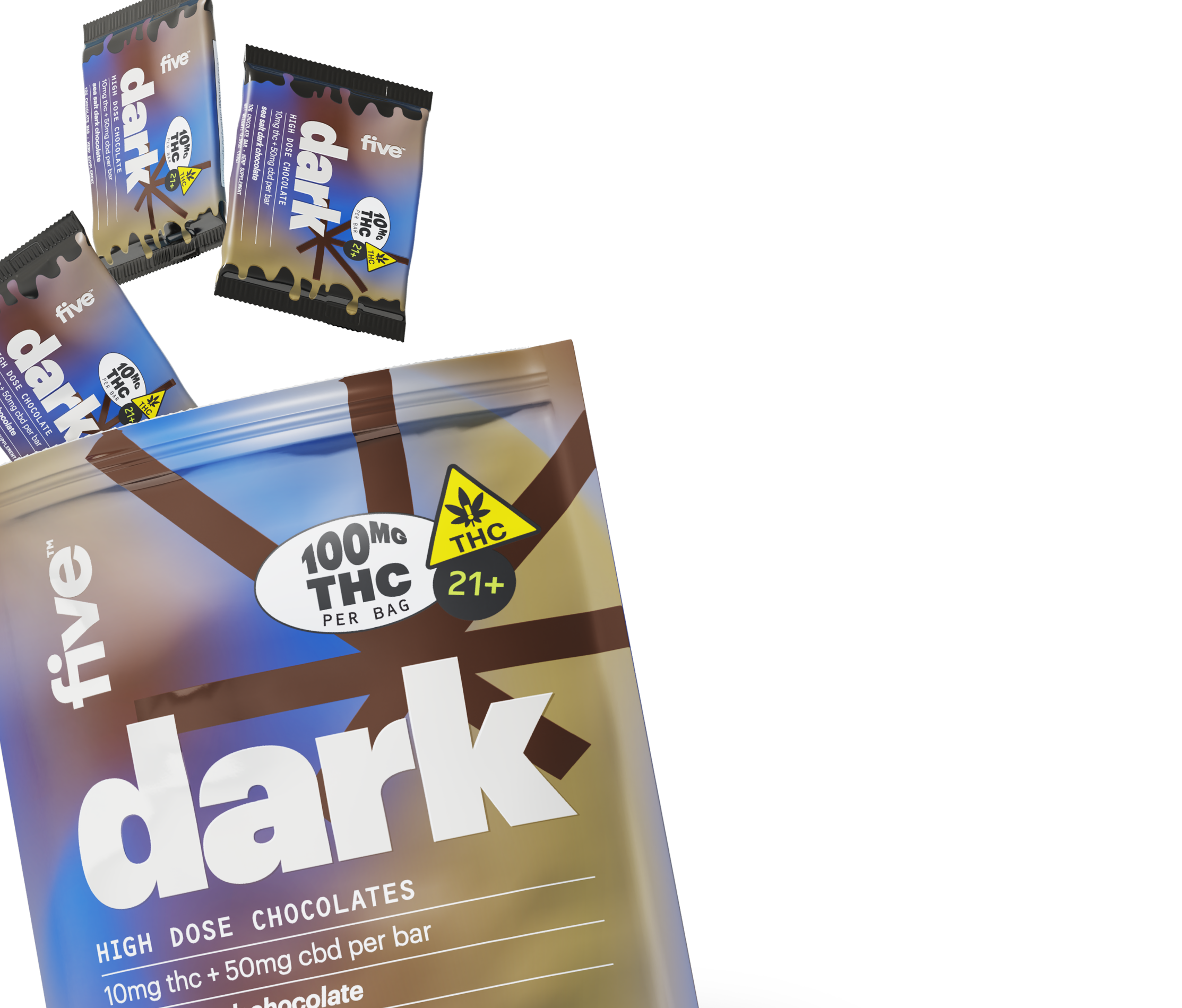 five dark 100MG THC PER BAG 21+ HIGH DOSE CHOCOLATES 10mg thc + 50mg cbd per bar sea salt