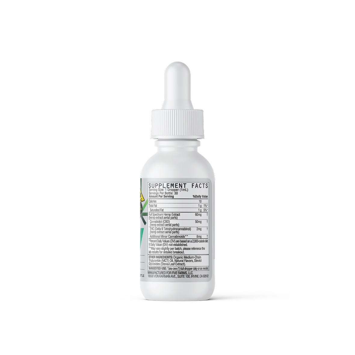 Back view of Five Mint Chocolate THC+CBD oil bottle showing supplement facts label on white background