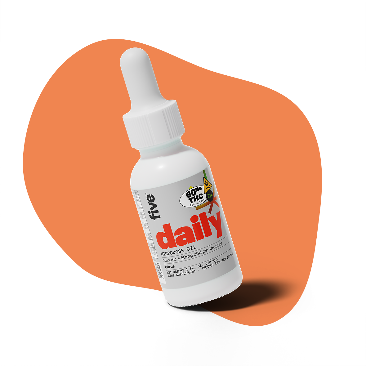 White dropper bottle labeled 'daily' MICRODOSE OIL; 2mg thc + 50mg cbd per dropper; citrus
