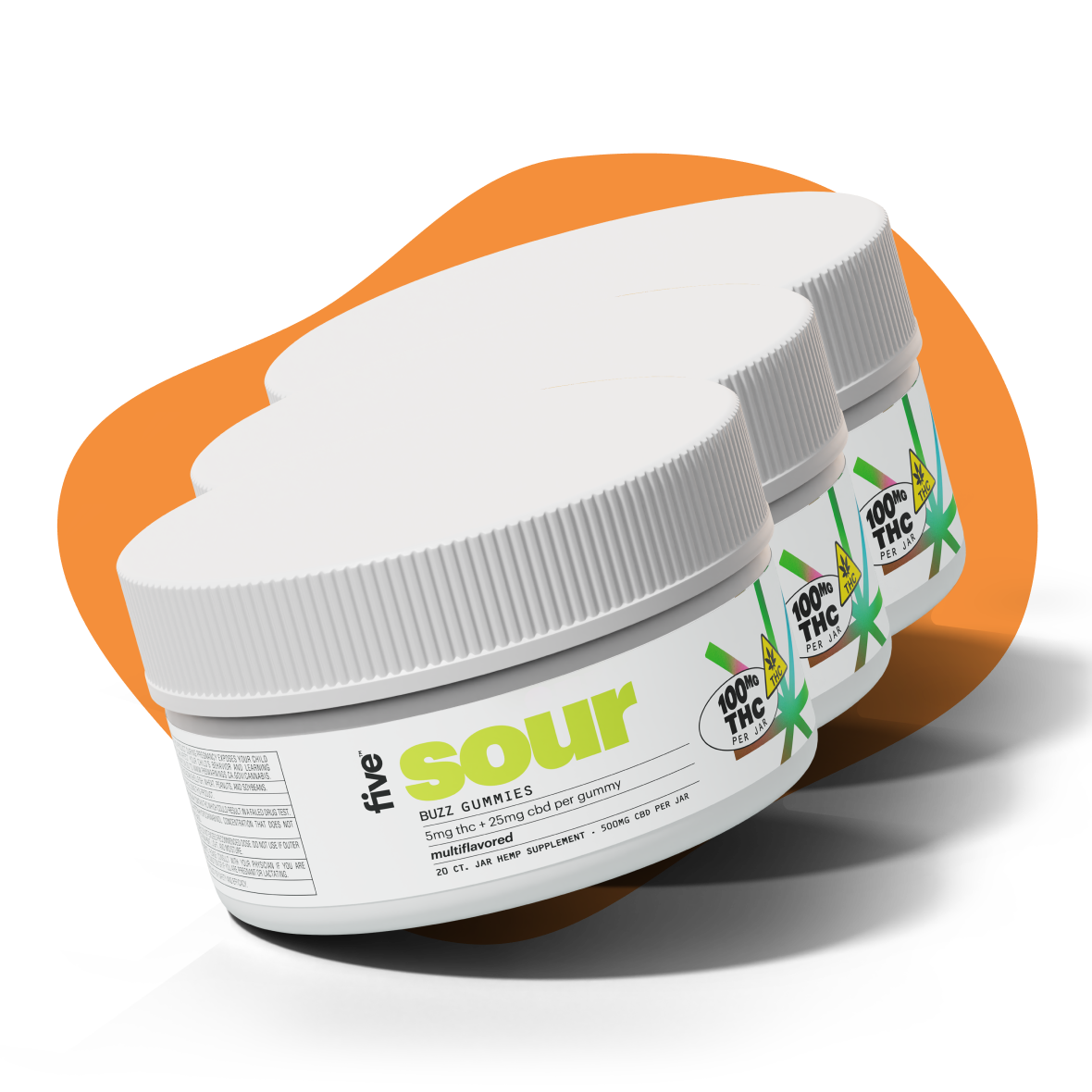 Three jars labeled five sour buzz GUMMIES with a 100% THC badge