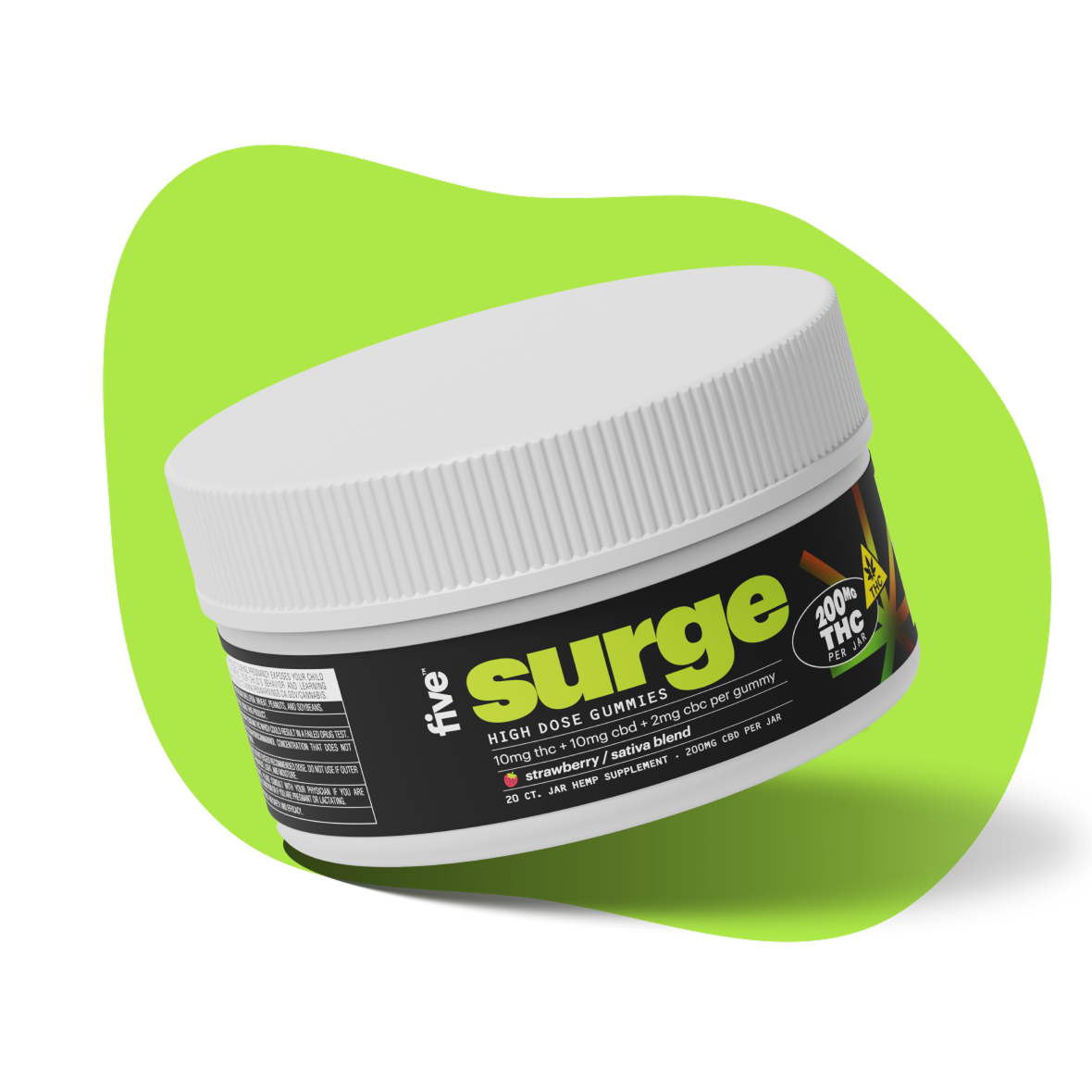 Jar labeled surge; five high dose gummies — HIGH DOSE GUMMIES; 100% THC, on neon green background