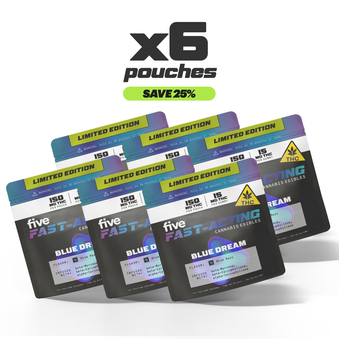 Six pouches of five FAST-ACTING Cannabis Edibles, Blue Dream flavor, labeled LIMITED EDITION, each with 150 MG THC per pouch and 15 MG THC per gummy, infused with beta-Myrcene, beta-Caryophyllene, and alpha-Caryophyllene.