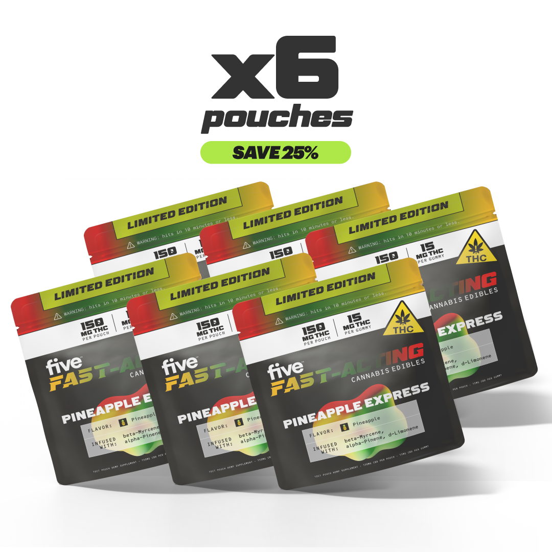 Six pouches of Pineapple Express Fast-Acting 15mg THC Gummies