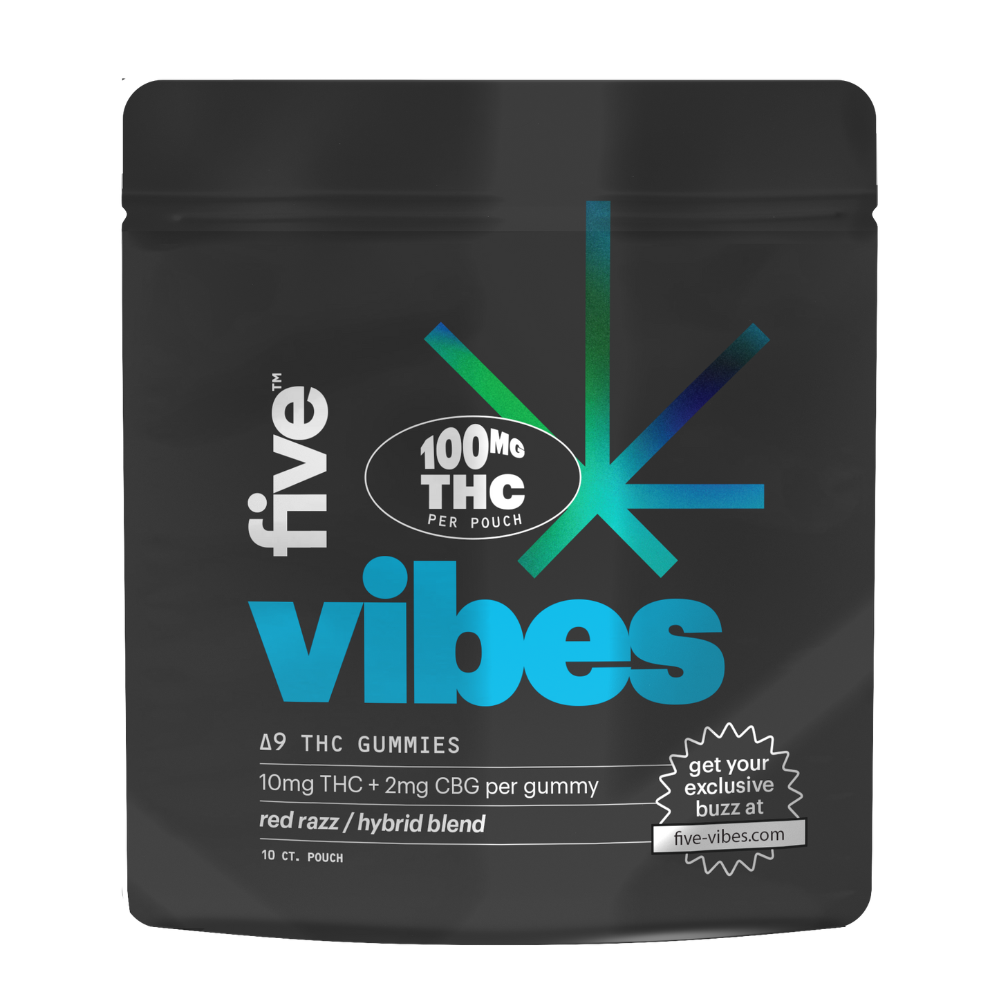 five™100MGTHCPERPOUCHvibesΔ9THCGUMMIES10mgTHC+2mgCBGpergummyredrazz/hybridblend10CT.POUCHgetyourexclusivebuzzatfive-vibes.com