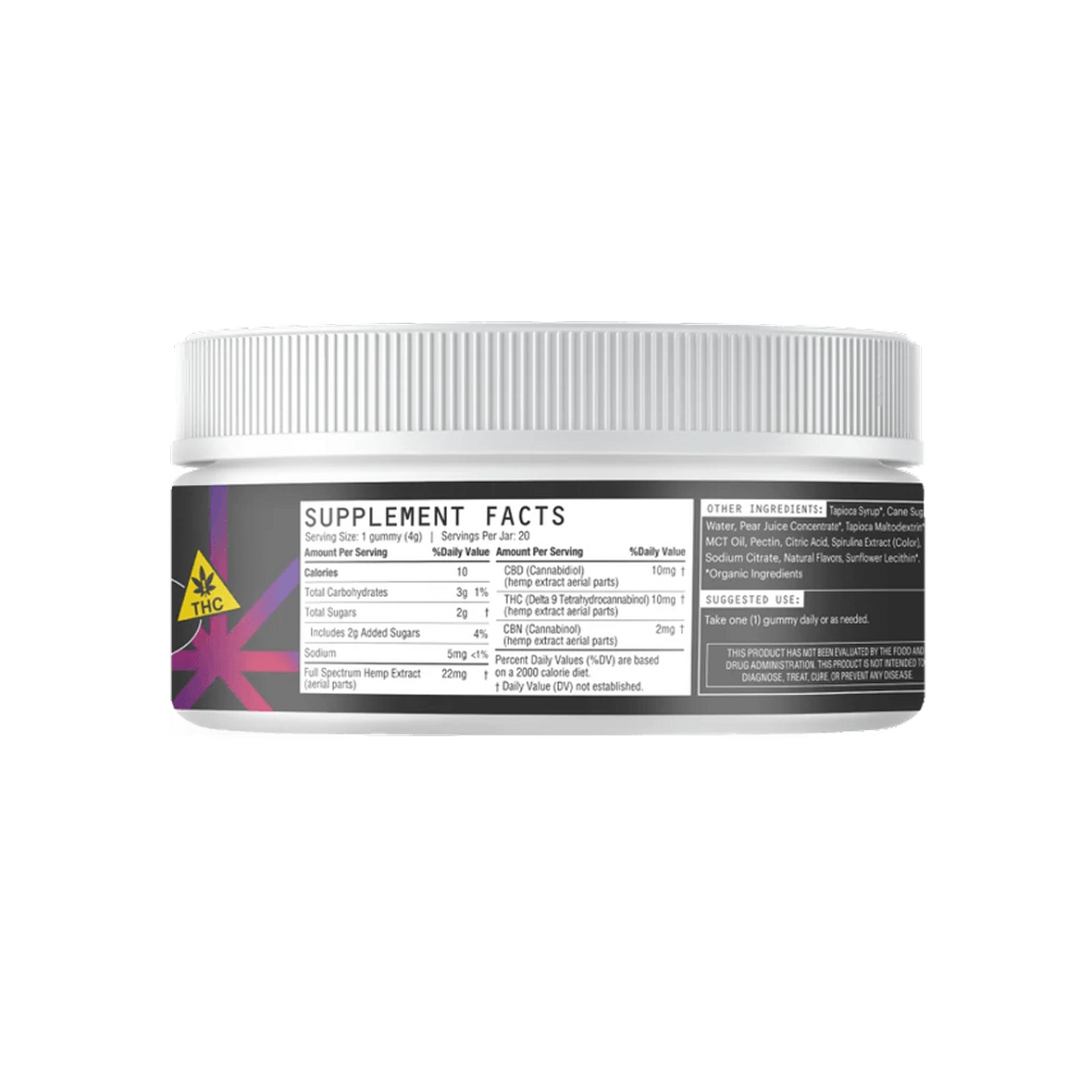 Supplement facts table showing serving size 1 gummy, 10 mg Delta‑9 THC and 10 mg CBD per gummy, 20 servings per jar
