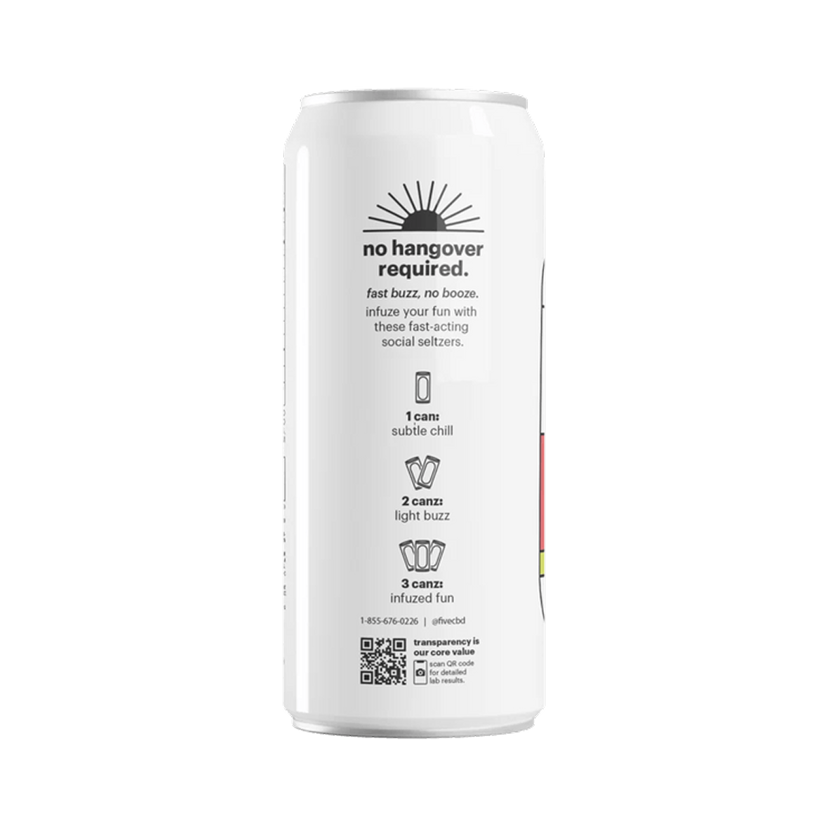 Rear view of Infuzed THC Seltzer grapefruit can showing no hangover required tagline and dosing guide with QR code