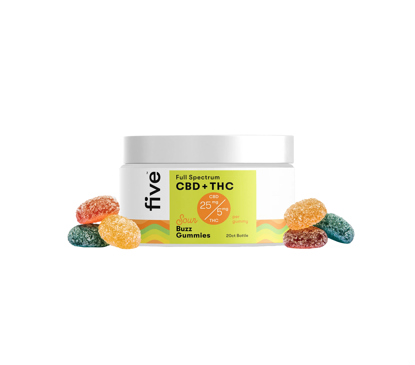 Five Full Spectrum CBD + THC Buzz Gummies 20ct bottle with 25 mg CBD and 5 mg THC per gummy, surrounded by colorful gummies in orange, yellow, red, and blue.