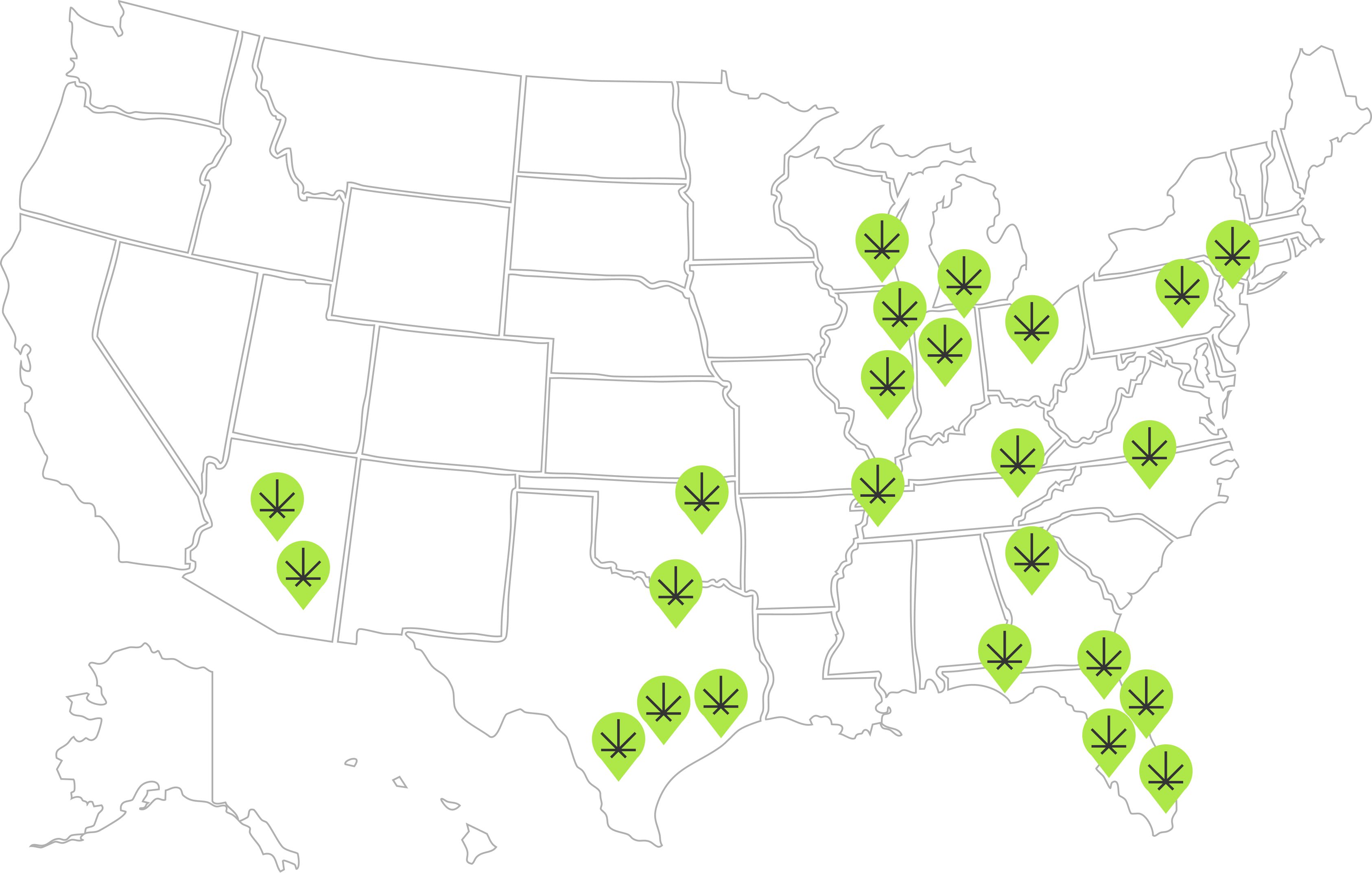 Map of the United States with green location markers indicating specific points across various states.