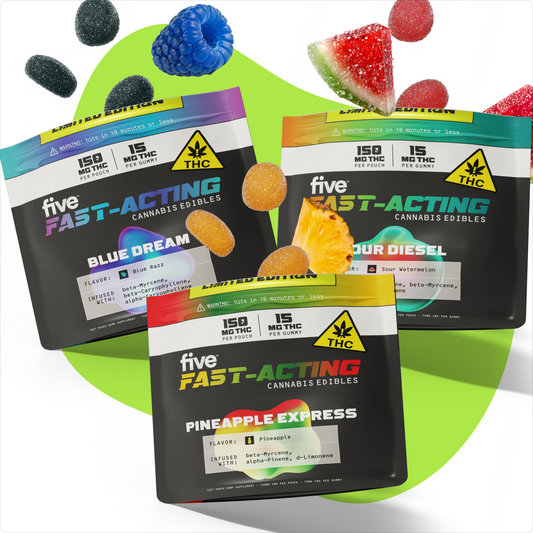 Front view of three five Fast-Acting 15 mg THC gummy pouches with scattered gummies and fruit on white background