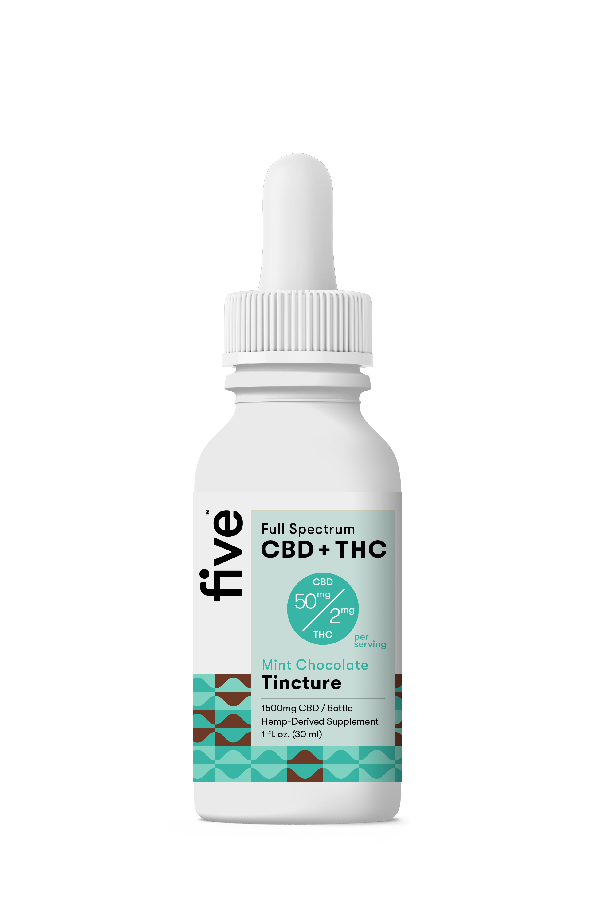 Five Full Spectrum CBD + THC Mint Chocolate Tincture bottle with label showing 50 mg CBD and 2 mg THC per serving, 1500 mg CBD per bottle, hemp-derived supplement, 1 fl. oz (30 ml)