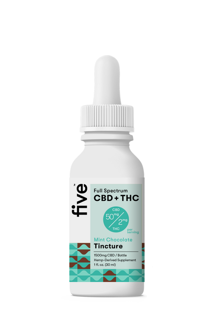 Five Full Spectrum CBD + THC Mint Chocolate Tincture bottle with label showing 50 mg CBD and 2 mg THC per serving, 1500 mg CBD per bottle, hemp-derived supplement, 1 fl. oz (30 ml)