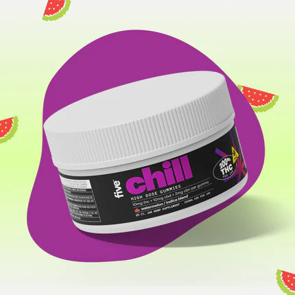 White jar labeled 'five chill' — black label shows 'HIGH DOSE GUMMIES' and '100% THC'; watermelon slices on green background