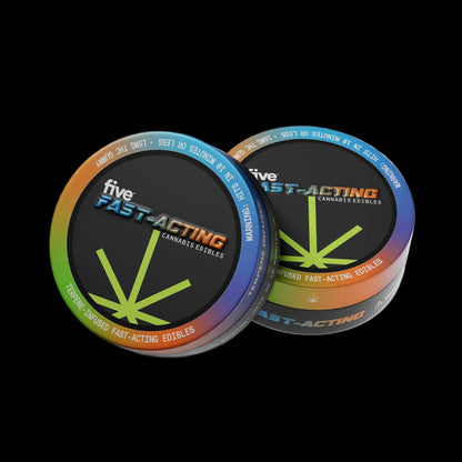 Two tins labeled five FAST-ACTING CANNABIS EDIBLES TERPENE-INFUSED HITS IN 10 MINUTES OR LESS WARNING: 15MG THC GUMMY
