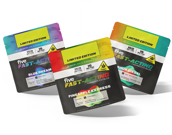 three pouches: five FAST-ACTING CANNABIS EDIBLES LIMITED EDITION; PINEAPPLE EXPRESS; BLUE DREAM; SOUR DIESEL