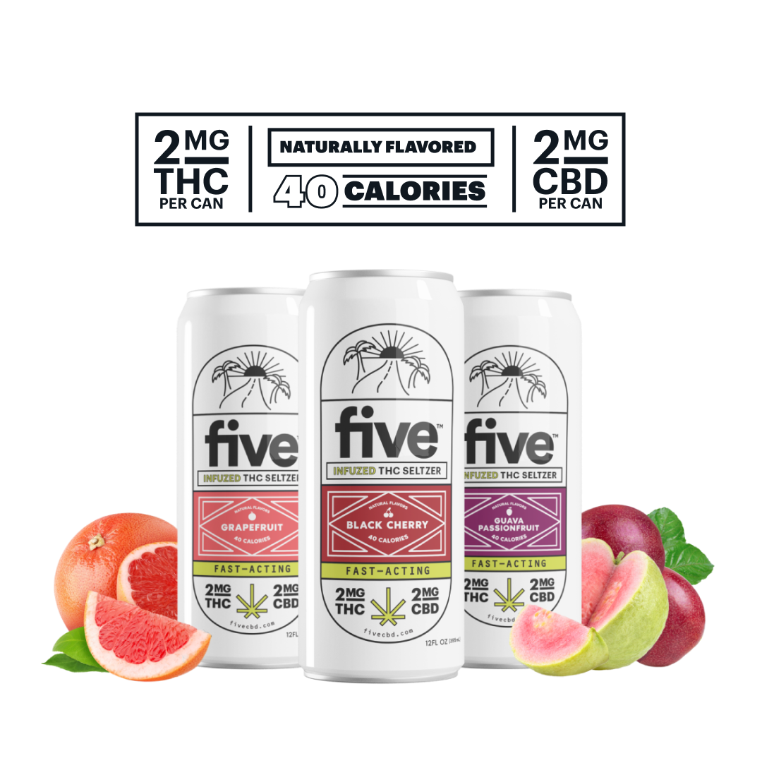 Three cans of Five Infuzed THC Seltzer in grapefruit, black cherry, and guava flavors with fruit slices; above them, text reads '2MG THC 2MG CBD' and 'FAST-ACTING'.