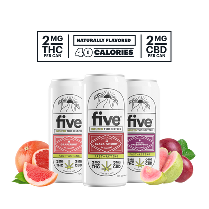 Three cans of Five Infuzed THC Seltzer in grapefruit, black cherry, and guava flavors with fruit slices; above them, text reads '2MG THC 2MG CBD' and 'FAST-ACTING'.