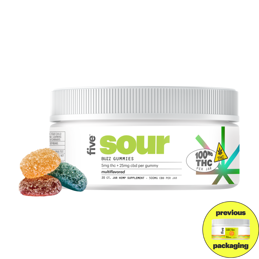 Container of Five Buzz Gummies labeled 'sour' with 5mg THC and 25mg CBD per gummy, 100mg THC per jar, showing three colorful sugar-coated gummies in front.
