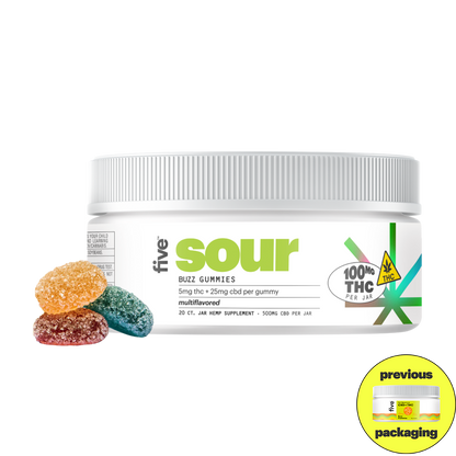 Container of Five Buzz Gummies labeled 'sour' with 5mg THC and 25mg CBD per gummy, 100mg THC per jar, showing three colorful sugar-coated gummies in front.
