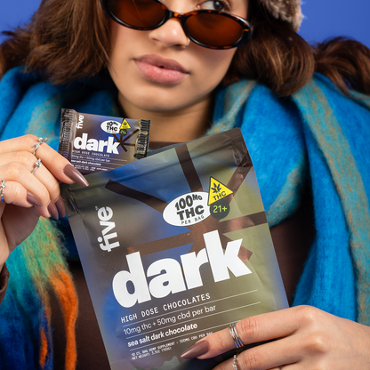 A person wearing sunglasses and a blue scarf holds a large package and a small packet of "dark" high dose chocolates. The packaging notes 100mg THC, with sea salt dark chocolate indicated.
