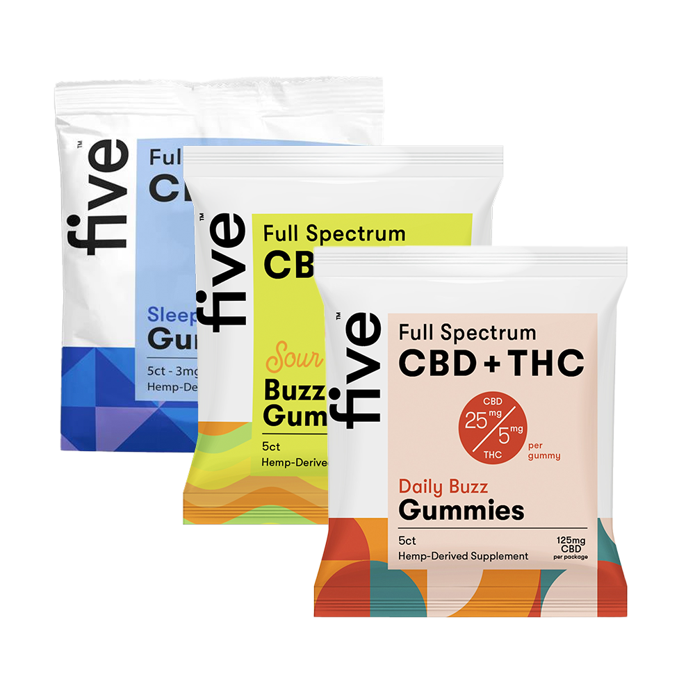 Three Five brand hemp-derived supplement packages labeled Full Spectrum CBD + THC Daily Buzz Gummies, Full Spectrum CBD Sour Buzz Gum, and Full Spectrum Sleep Guide, each with distinct color schemes and text.