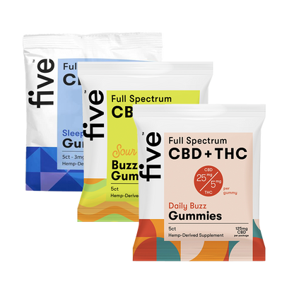 Three Five brand hemp-derived supplement packages labeled Full Spectrum CBD + THC Daily Buzz Gummies, Full Spectrum CBD Sour Buzz Gum, and Full Spectrum Sleep Guide, each with distinct color schemes and text.