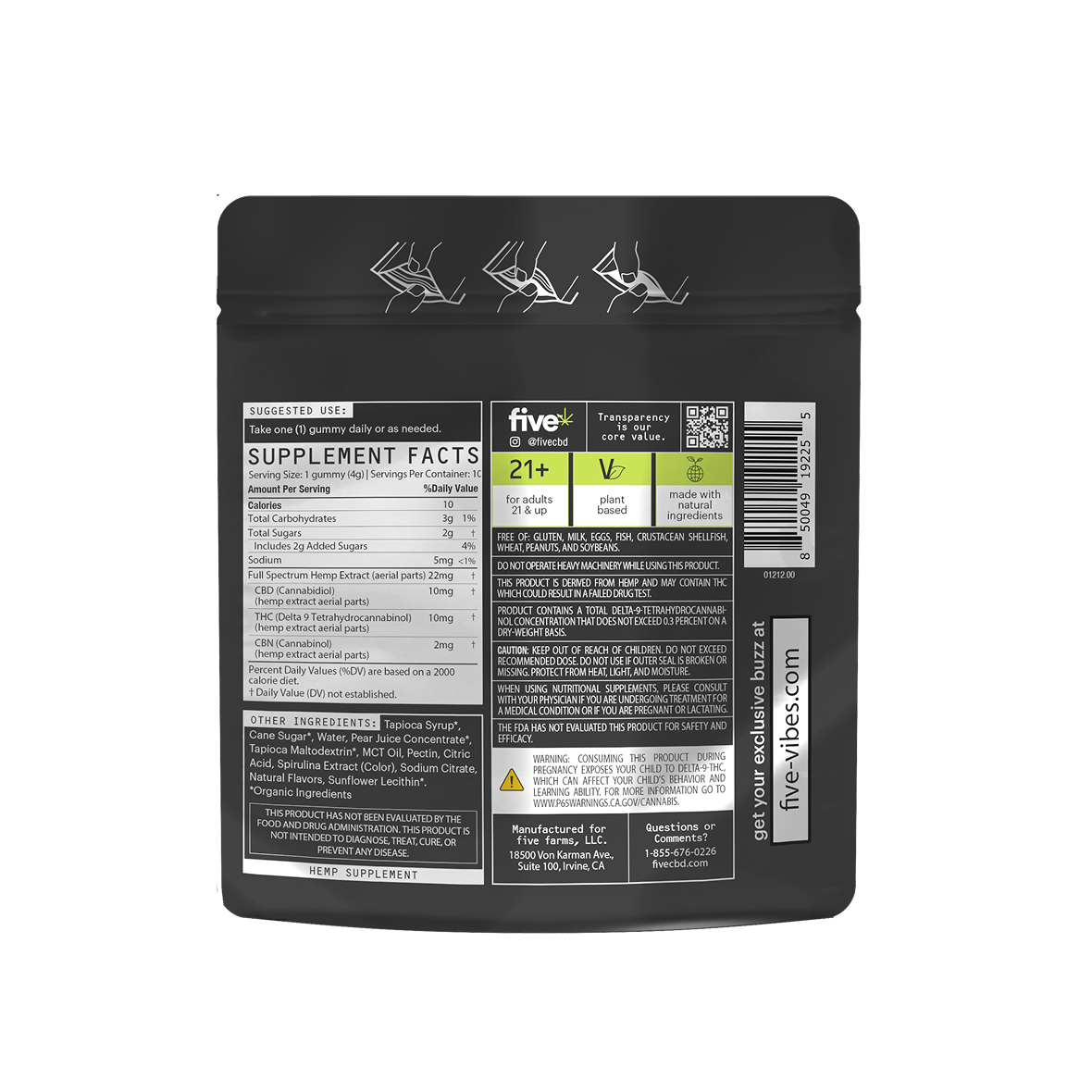 Back of Five 10mg gummies 10-count bag showing Supplement Facts, CBD amount, 21+ icon, and barcode