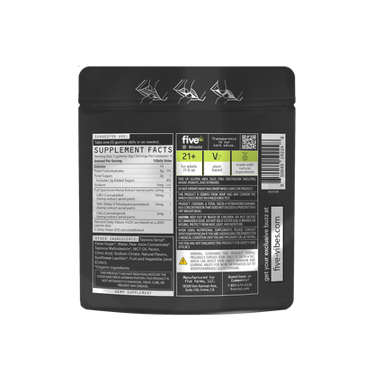 Rear view of Five Vibes Red Razz 10-count hybrid gummies pouch showing Supplement Facts, 21+ badge and barcode