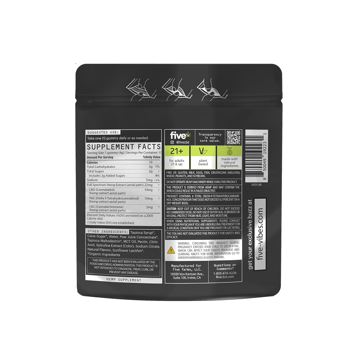 Back of Five 10mg High Dose Blue Razz gummies pouch showing Supplement Facts panel, ingredient list, 21+ icons, and barcode on black background