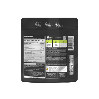 Back of Five 10mg High Dose Blue Razz gummies pouch showing Supplement Facts panel, ingredient list, 21+ icons, and barcode on black background