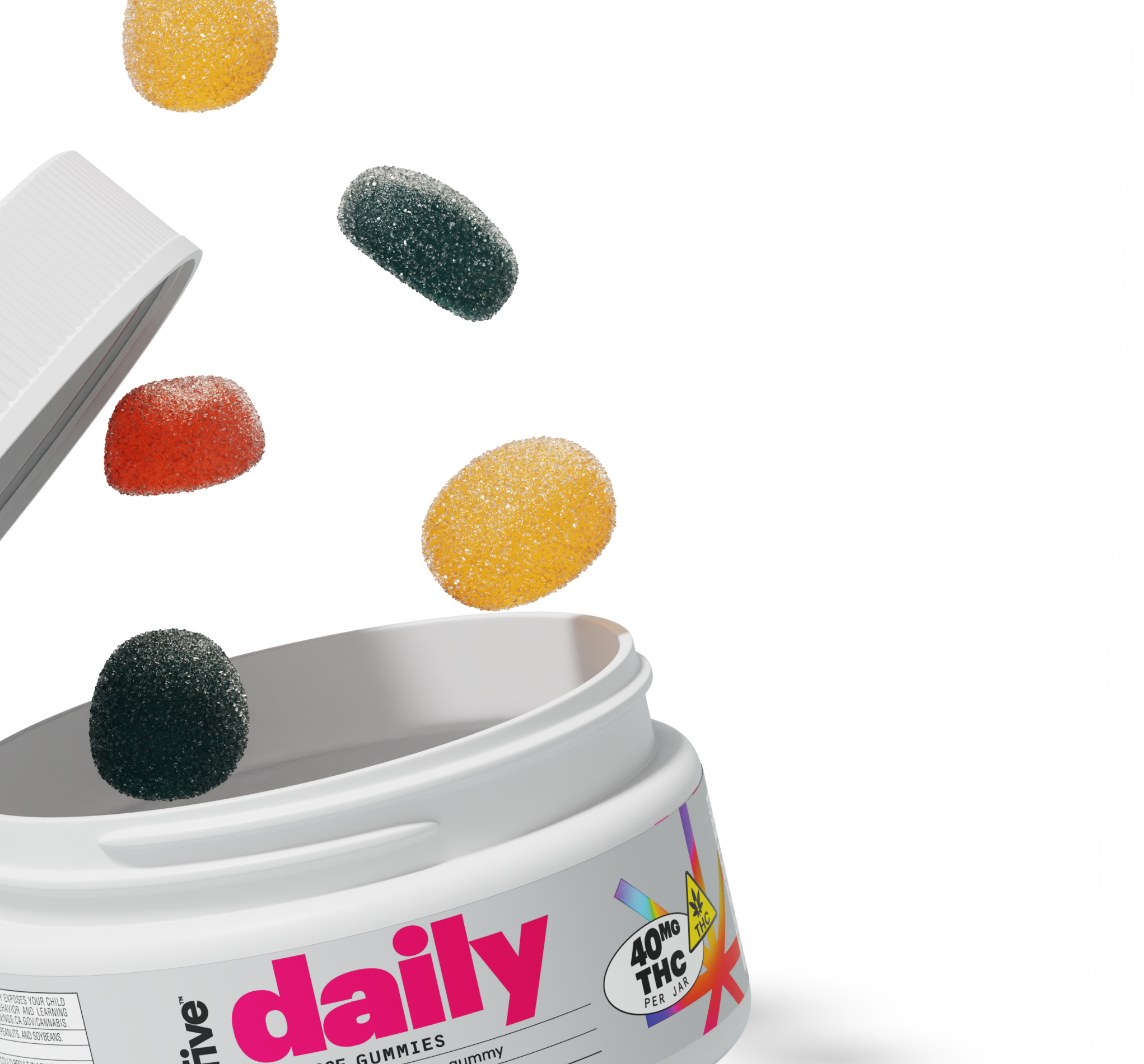 White jar labeled daily with multicolored sugar-coated gummies and a 40MG THC PER JAR badge.