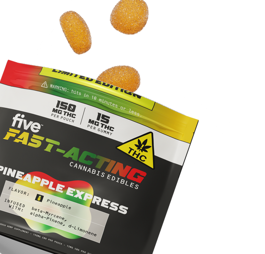 FAST-ACTING CANNABIS EDIBLES PINEAPPLE EXPRESS 150 MG THC PER POUCH 15 MG THC PER GUMMY WARNING: hits in 10 minutes or less.