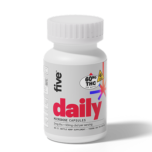 White supplement bottle with red label reading 'daily' and small vertical word 'five'.
