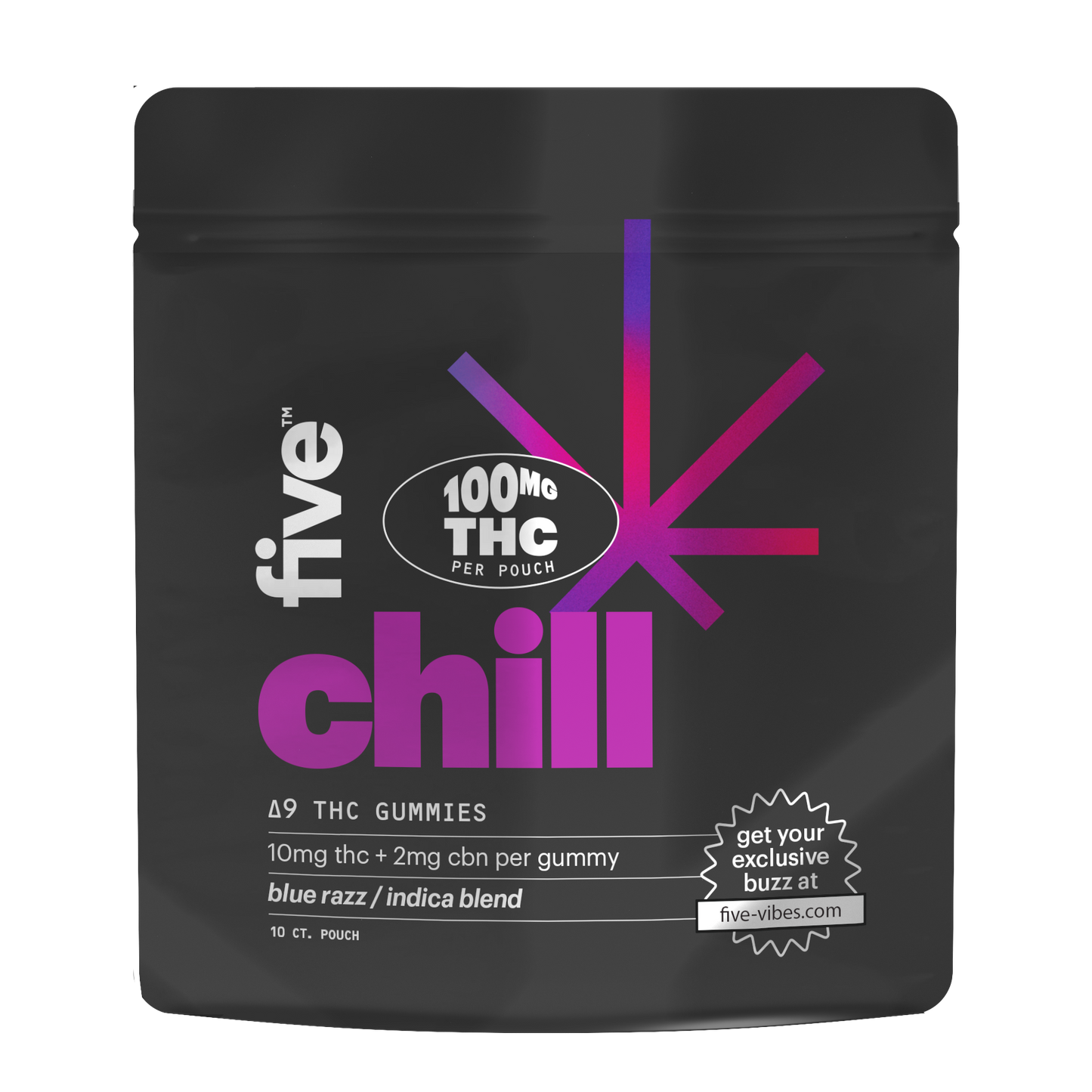 Five chill Delta 9 THC gummies package with 100 mg THC per pouch, 10 mg THC + 2 mg CBN per gummy, blue razz indica blend, includes text 'get your exclusive buzz at five-vibes.com'