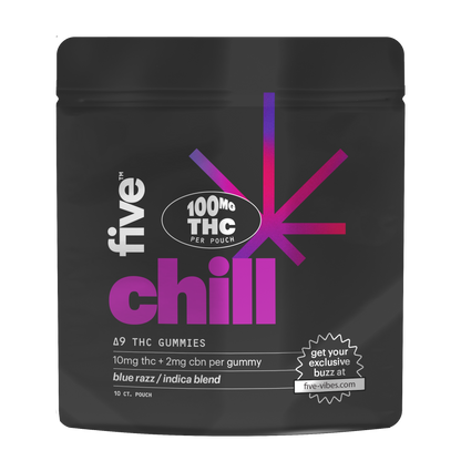 Five chill Delta 9 THC gummies package with 100 mg THC per pouch, 10 mg THC + 2 mg CBN per gummy, blue razz indica blend, includes text 'get your exclusive buzz at five-vibes.com'