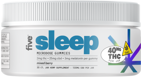 Container of Five Sleep microdose gummies with 40mg THC per jar, labeled mixed berry flavor, 2mg THC + 25mg CBD + 3mg melatonin per gummy.