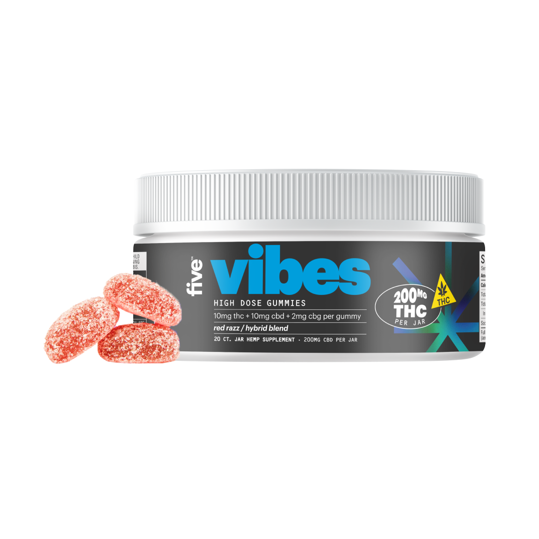 Five Vibes High Dose Gummies container with red sour gummy pieces, labeled 200mg THC per jar, red razz hybrid blend.