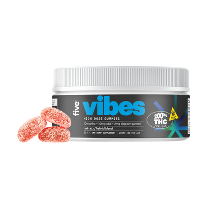 Five Vibes High Dose Gummies container with red sour gummy pieces, labeled 200mg THC per jar, red razz hybrid blend.