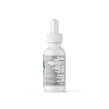 Back view of Five Mint Chocolate THC+CBD oil bottle showing supplement facts label on white background