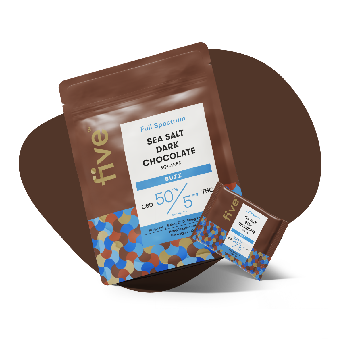 Package of Five brand Full Spectrum Sea Salt Dark Chocolate squares with 50 mg CBD and 5 mg THC per serving, showing large and small packaging with colorful geometric pattern.
