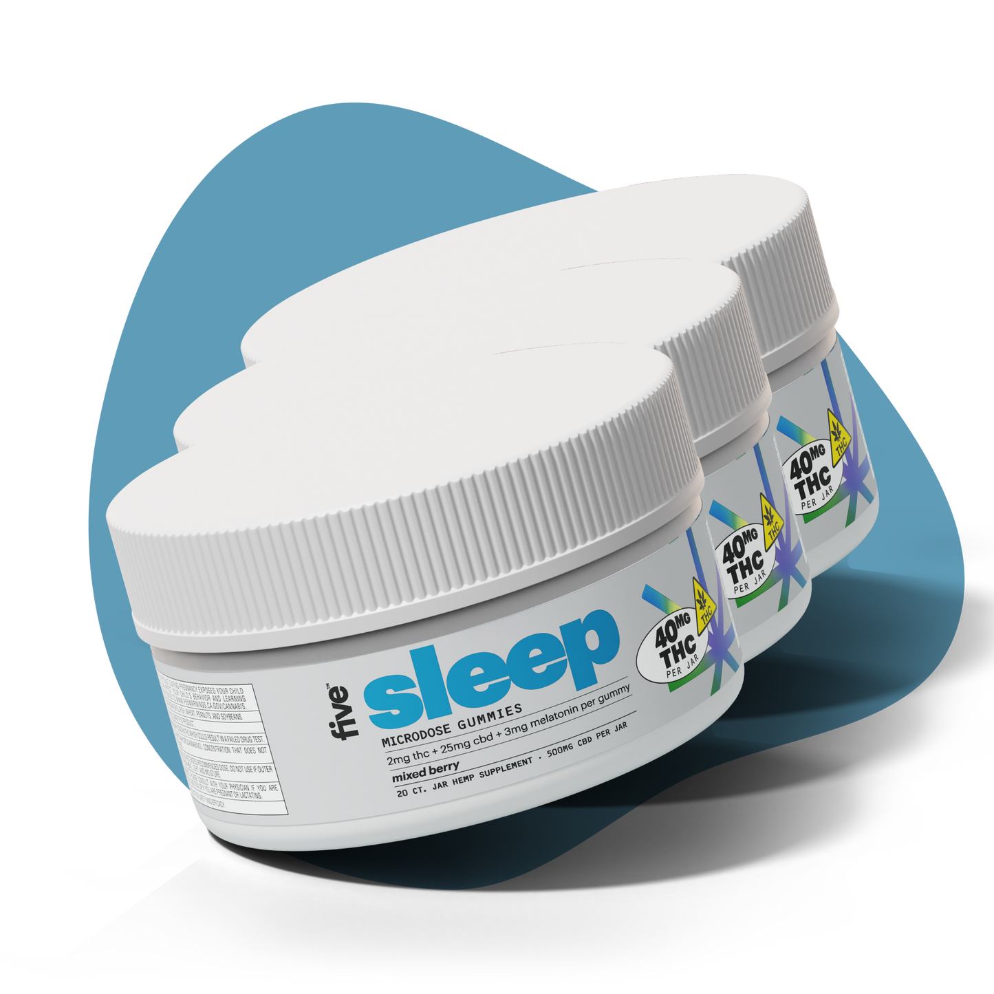 Three jars of Five Sleep microdose gummies labeled with 2mg THC, 25mg CBD, 3mg melatonin per gummy, mixed berry flavor, 40mg THC per jar.