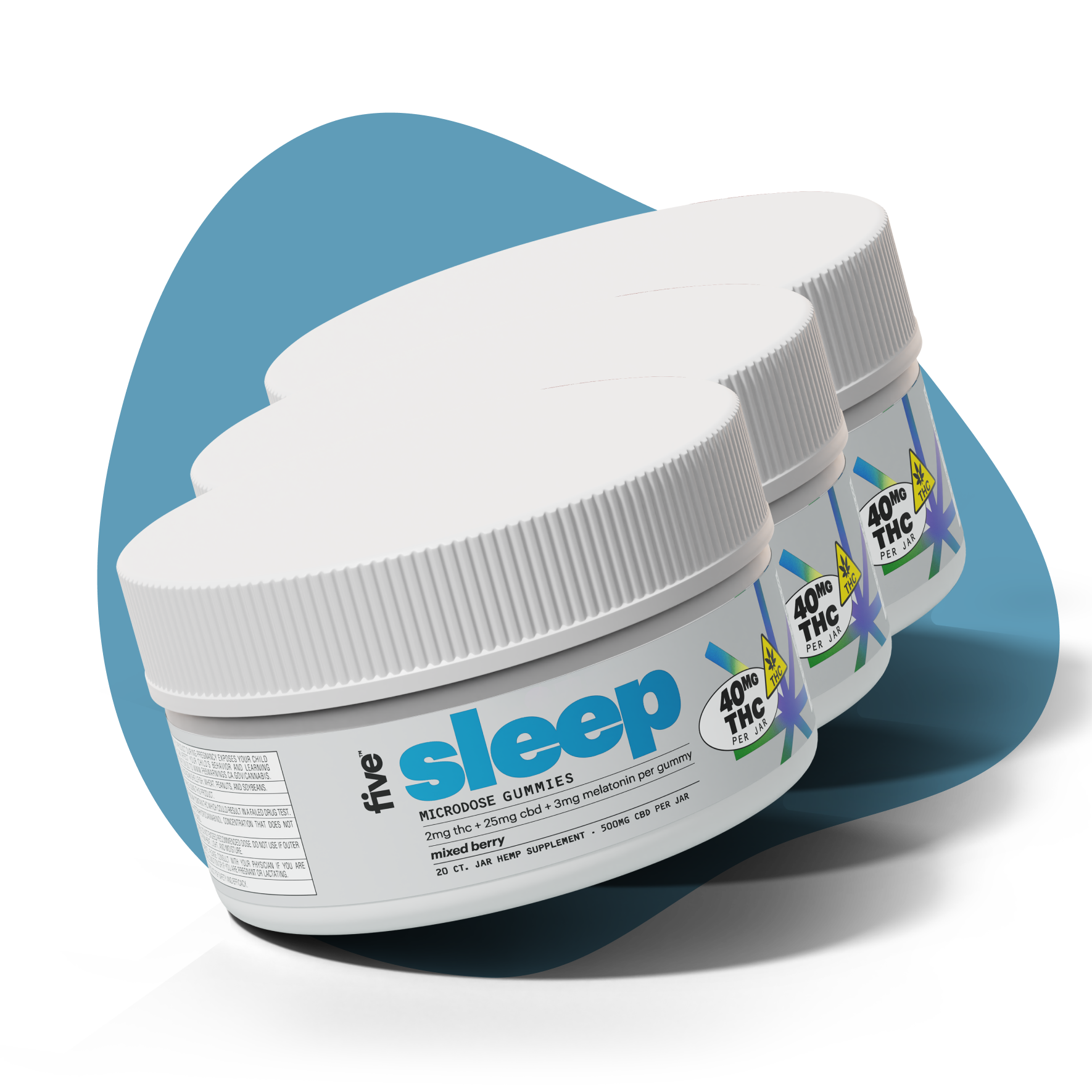 Three jars of Five Sleep microdose gummies labeled with 2mg THC, 25mg CBD, 3mg melatonin per gummy, mixed berry flavor, 40mg THC per jar.