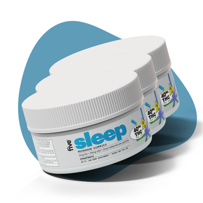 Three jars of Five Sleep microdose gummies labeled with 2mg THC, 25mg CBD, 3mg melatonin per gummy, mixed berry flavor, 40mg THC per jar.