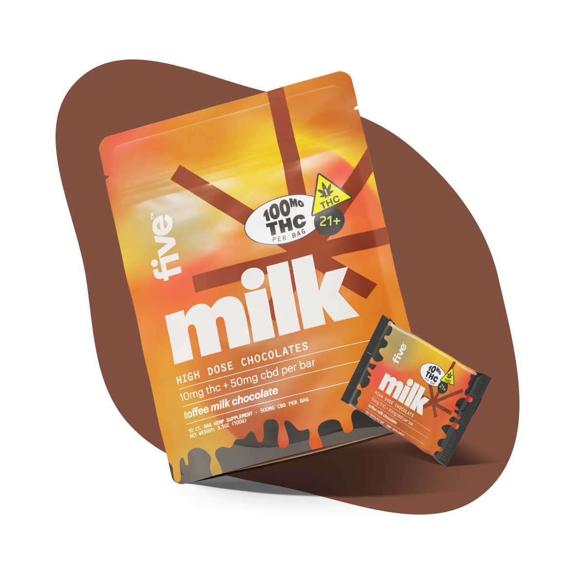 Packaging of Five Milk high dose chocolates with 100mg THC per bar, 10mg THC + 50mg CBD per bar, toffee milk chocolate flavor, labeled 21+