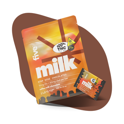 Packaging of Five Milk high dose chocolates with 100mg THC per bar, 10mg THC + 50mg CBD per bar, toffee milk chocolate flavor, labeled 21+