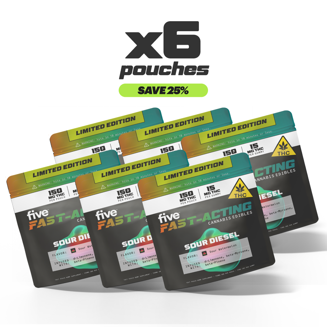 x6 pouches SAVE 25% LIMITED EDITION 150 MG THC PER POUCH 15 MG THC PER GUMMY five FAST-ACTING SOUR DIESEL CANNABIS EDIBLES