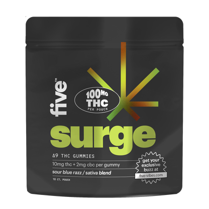 Five Surge Delta 9 THC Gummies package with 100 MG THC per pouch, 10mg THC + 2mg CBC per gummy, sour blue razz / sativa blend, 10 count pouch, and website five-vibes.com.