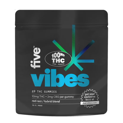 five™100MGTHCPERPOUCHvibesΔ9THCGUMMIES10mgTHC+2mgCBGpergummyredrazz/hybridblend10CT.POUCHgetyourexclusivebuzzatfive-vibes.com