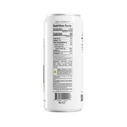 Nutrition facts label showing 1 can serving, 40 calories, 2mg THC and 2mg CBD, 8g added sugars