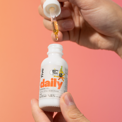 A person holds a dropper filled with liquid cbd over an open white bottle labeled "daily" against a pink and orange gradient background. The bottle displays "60 MG THC" along with other text and graphics.