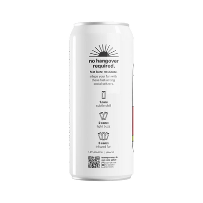 Rear view of Infuzed THC Seltzer grapefruit can showing no hangover required tagline and dosing guide with QR code